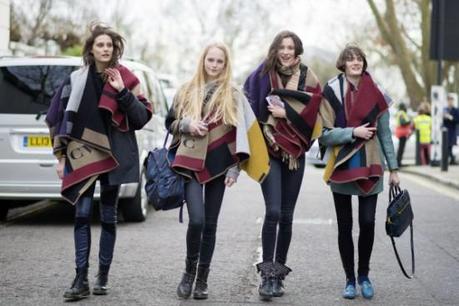 Charlotte-Wiggins-Jean-Campbell-Matilda-Lowther-and-Sam-Rollinson-wearing-Burberry-Monogram-Poncho-17th-February-2014