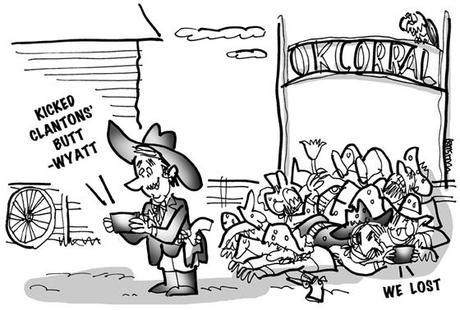 cartoon showing Wyatt Earp at O.K. Corral texting message 