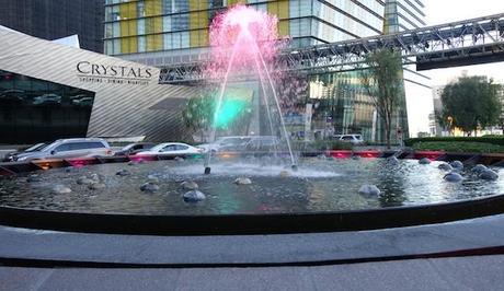 One of the dancing neon water formations in front of ARIA
