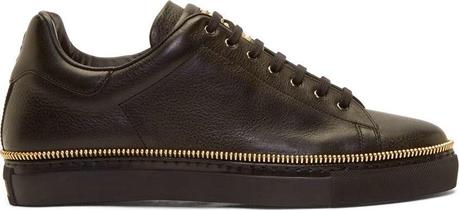 Bound And Zipped:  Alexander McQueen Black Leather Gold Zipper Trim Low-Top Sneaker