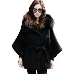 Zeagoo - Fur Collar Hooded Double Breasted Batwing