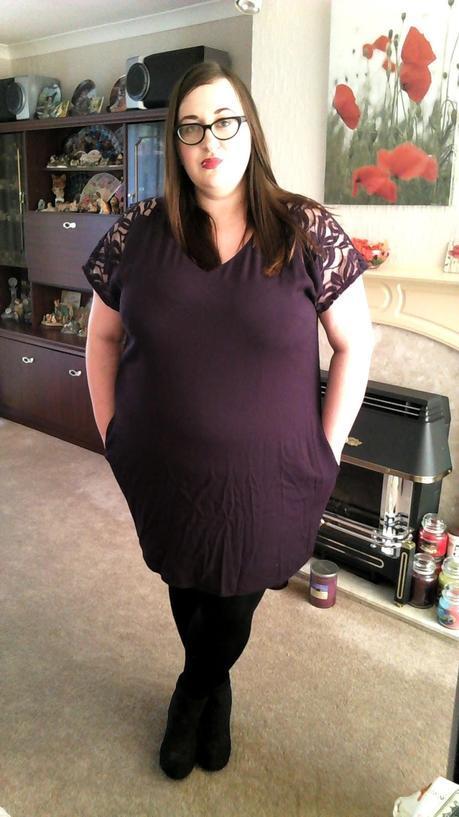 Fat plus size girl (size 20/22 BBW) wearing a Wallis Live Unlimited purple lace sleeved dress 