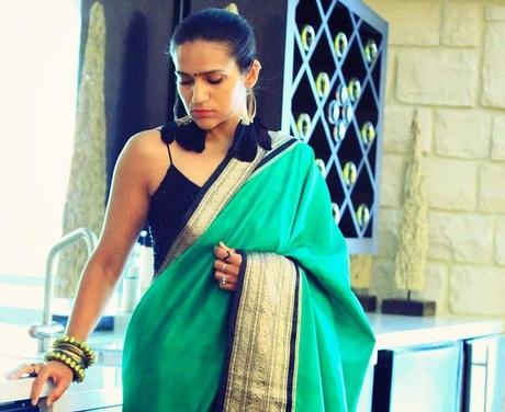 Saree - Stolen from Mom ;) Top - Massimo Dutti  Shoes - Moschino  Earrings - Gift Gold Block Bangles - c/o Aryom, Tanvii.com