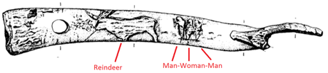 A palaeolithic engraving possibly showing  a woman hunting. 
