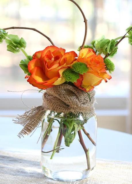 Orange Roses In Glass Jar With Burlap DIY Flower Arrangment