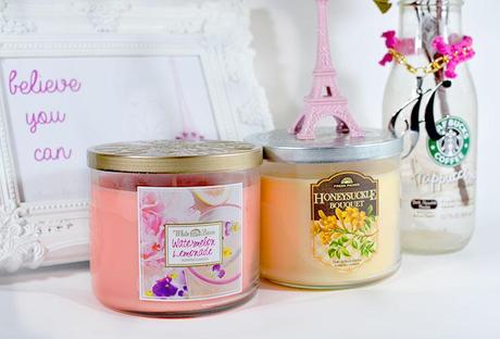 2 Bath and Body Works Candles - Watermelon Lemonade - Honeysuckle Bouquet - Genzel Kisses (c)