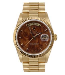 Pre-owned Rolex Mens 18K Yellow Gold Day Date President Watch - Factory Brown Birchwood Dial