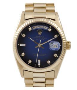 Pre-owned Rolex Mens 18K Yellow Gold Day Date President Watch - Factory Blue Vignette Diamond Dial Fluted Bezel Model