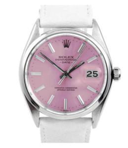 Rolex Men's Stainless Steel Date Model Watch - With Pink Stick Dial - Smooth Bezel - White Leather Strap