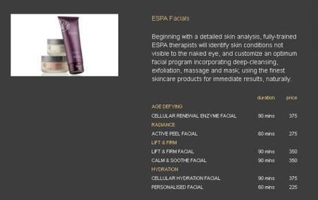 ESPA Resorts World Sentosa facial menu