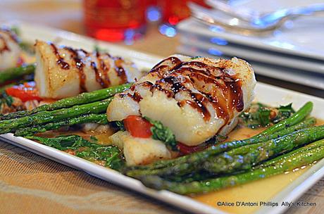 ‘Pan Seared Stacked Arugula & Campari Tomato Cod' Drizzled with Fig Balsamic Glaze 