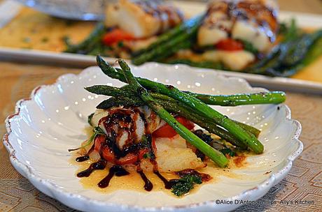 ‘Pan Seared Stacked Arugula & Campari Tomato Cod' Drizzled with Fig Balsamic Glaze 