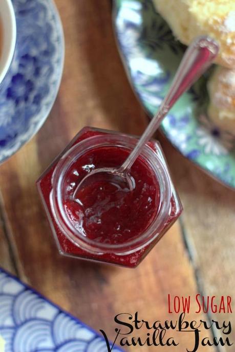 Low Sugar Strawberry Vanilla Jam. Jam that tastes like fruit, not sugar. | thecookspyjamas.com