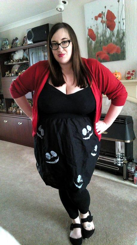 fat plus size girl bbw (size 20/22) wearing a candypants nightmare before Christmas Jack Skellington dress  