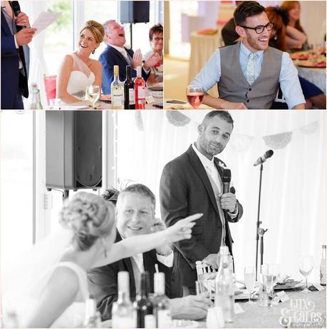 The Priory Cottages Wedding Photography Leeds - Speeches - bride points at best man