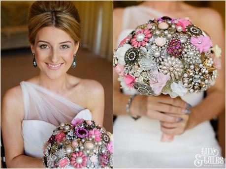 The Priory Cottages Wedding Photography Bride preparation portrait holding brooch bouquet