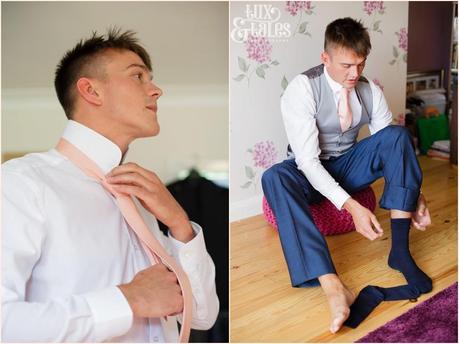 The Priory Cottages Wedding Photography Groom preparation tying tie