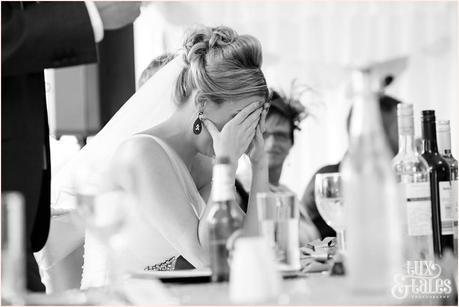 The Priory Cottages Wedding Photography Leeds - Speeches - brdie covers face
