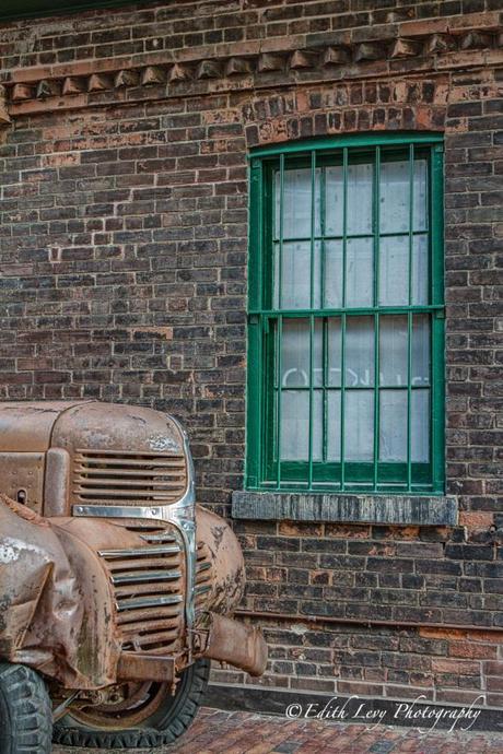 Distillery District, Toronto, Dodge, truck, brick, wall, window, vintage, weathered