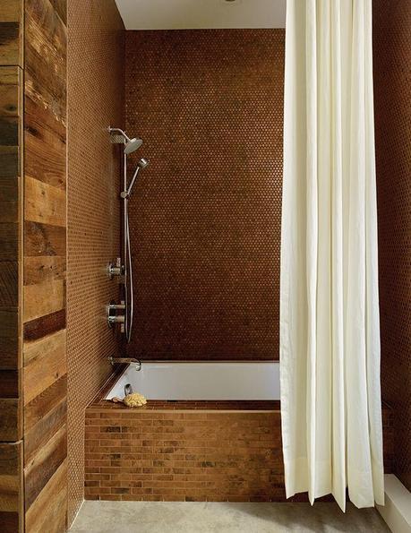 copper, Penny tile bathroom in San Francisco with reclaimed oak and concrete floor