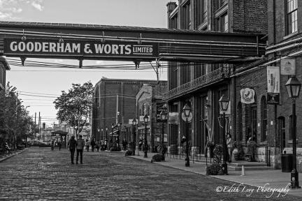 Distillery District, Toronto, Gooderham & Worts, black and white, monochrome,