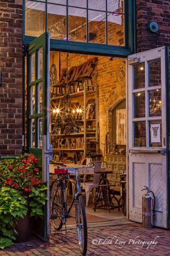 Distillery District; Toronto; downtown; store; bicycle; night photography; vintage