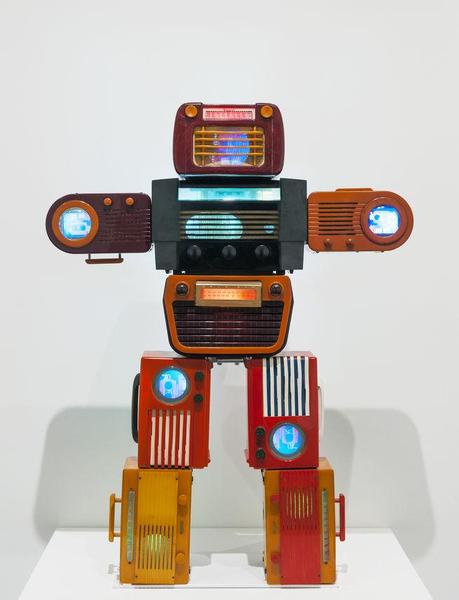 Nam June Paik robot sculpture made of vintage radios with TV screens