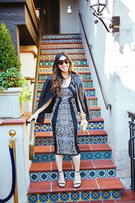 style of sam, nicole miller maze dress, nicole by nicole miller moto jacket, how to wear a midi dress in your 30s, date night look