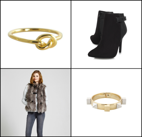 1. Knot ring; 2. Miss KG boots; 3. Whistles cuff; 4. Faux fur gilet