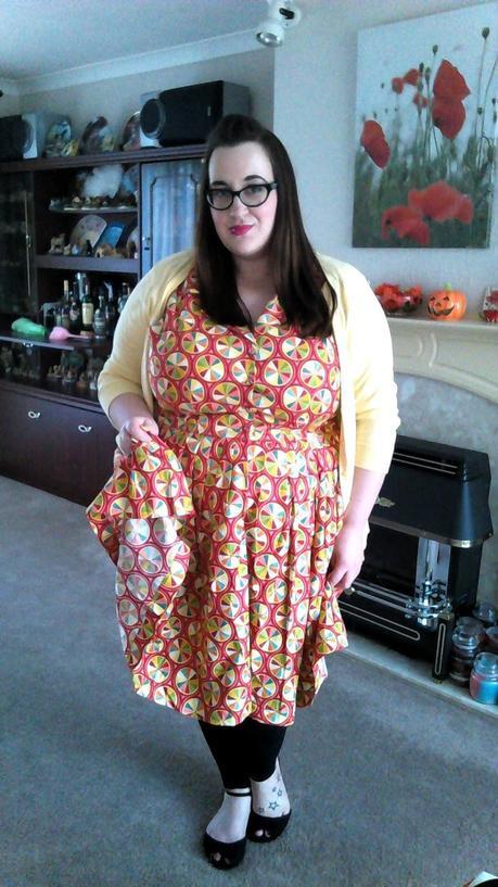 fat plus size bbw girl (size 20/22) wearing a modcloth dea and dot palette on parade dress