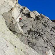 Attacking the rock from the col by the Rognon, aiming for crest of the E ridge of Aig du Plan