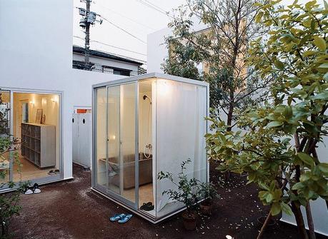 The evening bath is a ritual in Japan, and public baths are still around, but this is a new twist. Moriyama curtains the bath during use, but won’t cover any other windows, “because it feels good to couple the inner space with the outside world.”