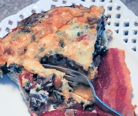 Crustless Quiche with Tomatoes, Mushrooms, Kale and Parmesan Cheese