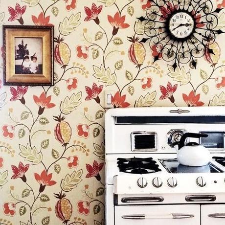 Interior Photo Of Kitchen With Floral Wallpaper