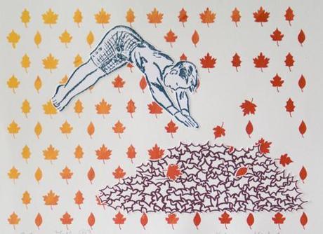 Print Of Boy Diving Into Leaf Pile