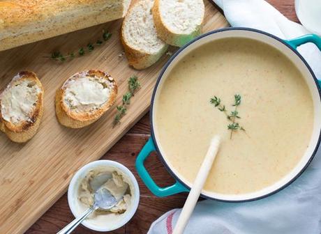 Roasted Garlic and Cauliflower Soup with Anchovy Buttered Toast