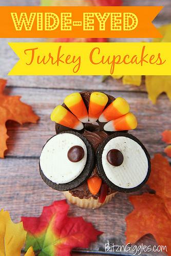 Wide eyed Thanksgiving turkey cupcake with candy corn