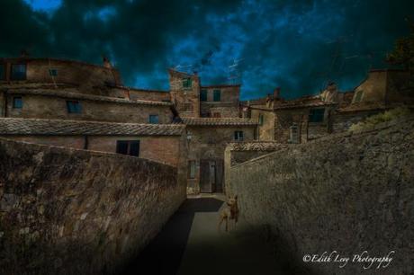 Italy, village, San Quirico D'Orcia, Tuscany, composite, fine art, dog, travel photography