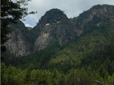 View of the Taktsang monastery from the trailhead at 8,200’.