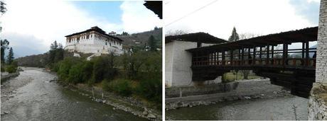 The Paro dzong, and a traditional covered wooden bridge across the Paro Chhu leading to the Dzong.