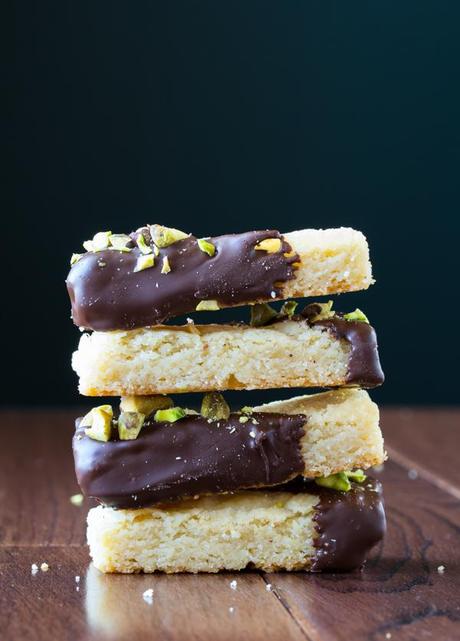 Chocolate Dipped Cardamom Shortbread Fingers with Salted Pistachios