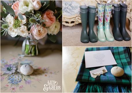 Bride Preparation Photography at Newton Hall beachside wedding | Wellies & tartan details