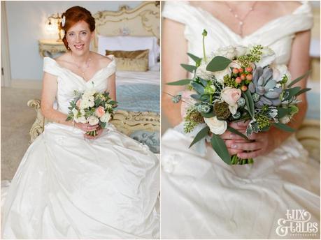 Bride Preparation Photography at Newton Hall beachside wedding | Portraits with pastel flowers