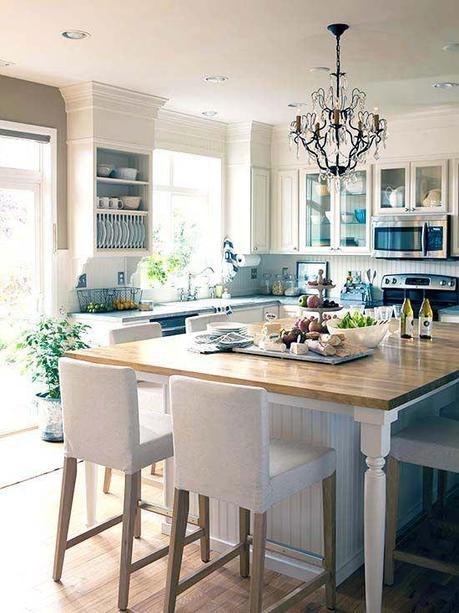 Welcoming White Kitchen…Beaded board backsplash, butcher block island, chandelier!!