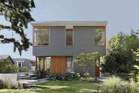 Seattle house with corrugated metal cladding and Douglas Fir details