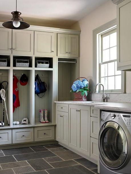 mudroom & laundry room design | gray lockers & cabinets + slate floor
