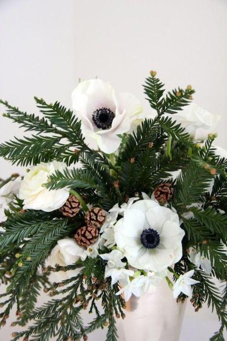 white-flowers-evergreen-pinecones