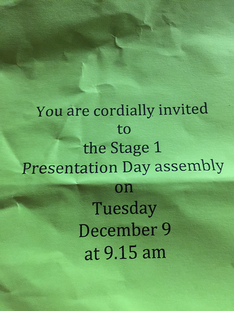 My wrinkled invite to the twins kindy presentation. It was in their bag, and crumpled.