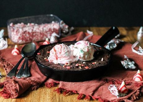 Peppermint Skillet Brownie This Peppermint Skillet Brownie, loaded with chocolate, peppermint chips, and Candy Cane Kisses, is the perfect decadent treat to share with friends this winter! Best served warm with ice cream.