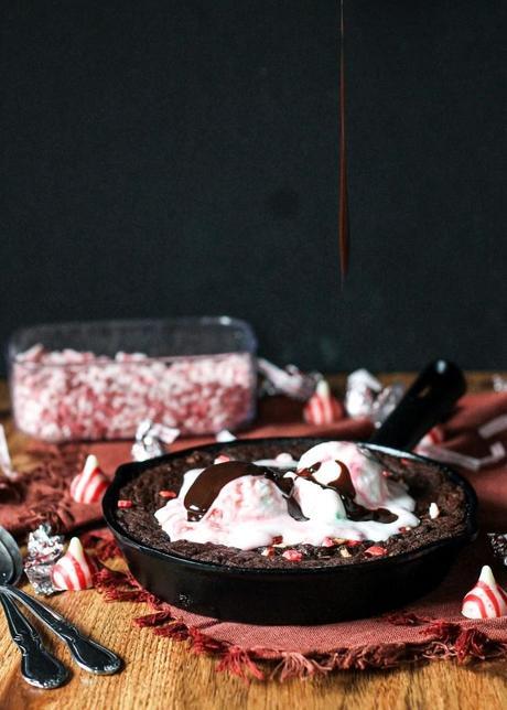 Peppermint Skillet Brownie This Peppermint Skillet Brownie, loaded with chocolate, peppermint chips, and Candy Cane Kisses, is the perfect decadent treat to share with friends this winter! Best served warm with ice cream.